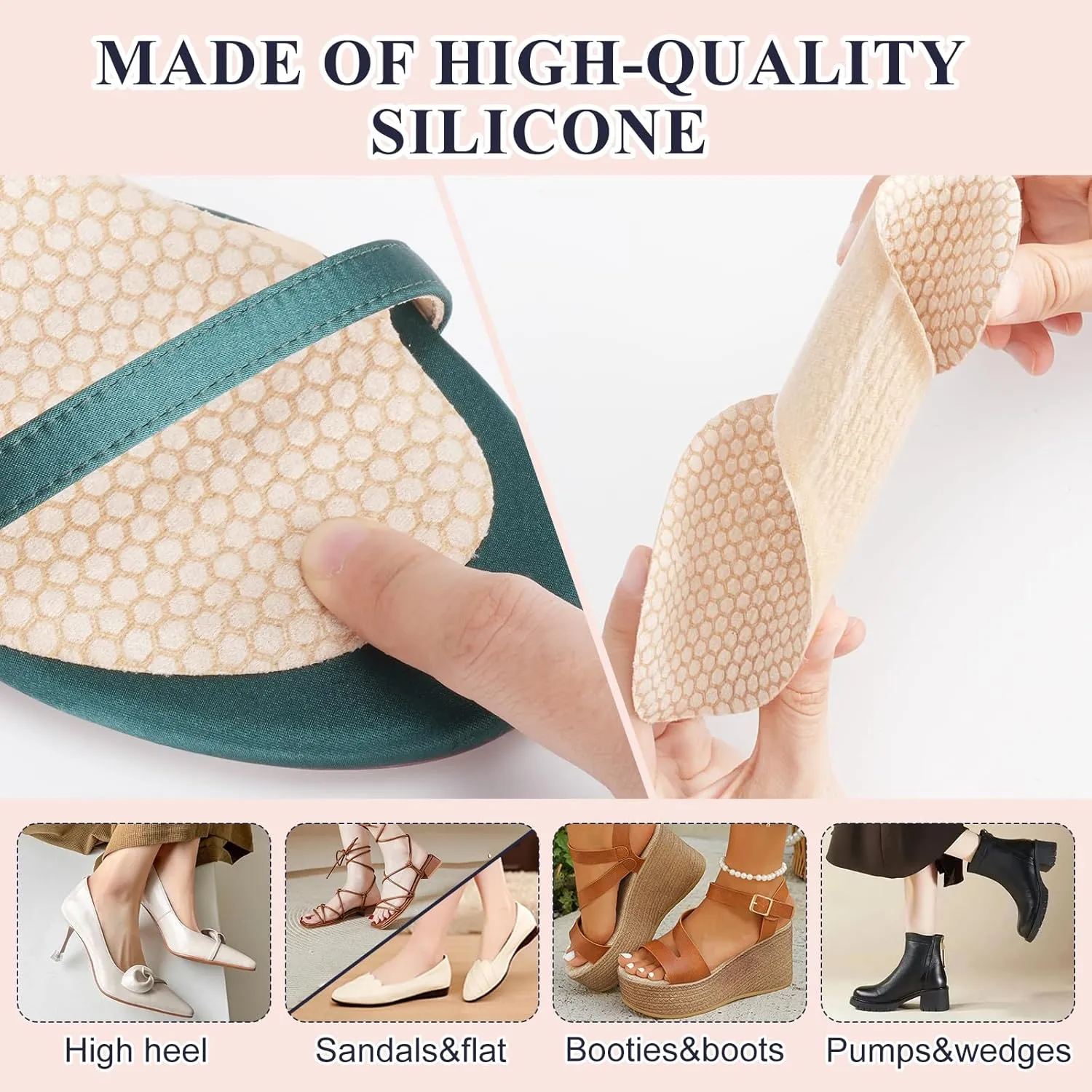 2 Pairs Gel Cushion High Heel Inserts, Self-Adhesive Sandal Inserts Insoles Women, New Anti Slip Design, 3/4 Invisible Dress Shoe Inserts, Shock Absorption Pain Relief, 2 Beige Women 5-8