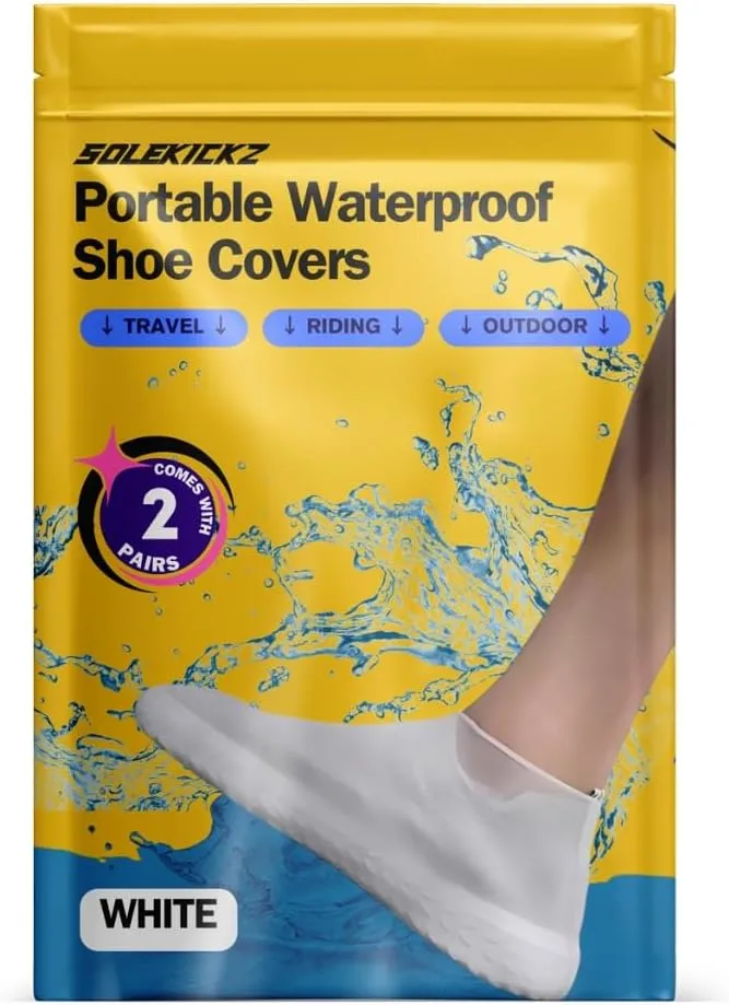 2 pairs Waterproof Shoe Covers, Anti-Slip Water Resistant Overshoes Silicone Rubber Rain Shoe Cover Outdoor cycling Protectors apply to Men, Women, Kids (White), Medium