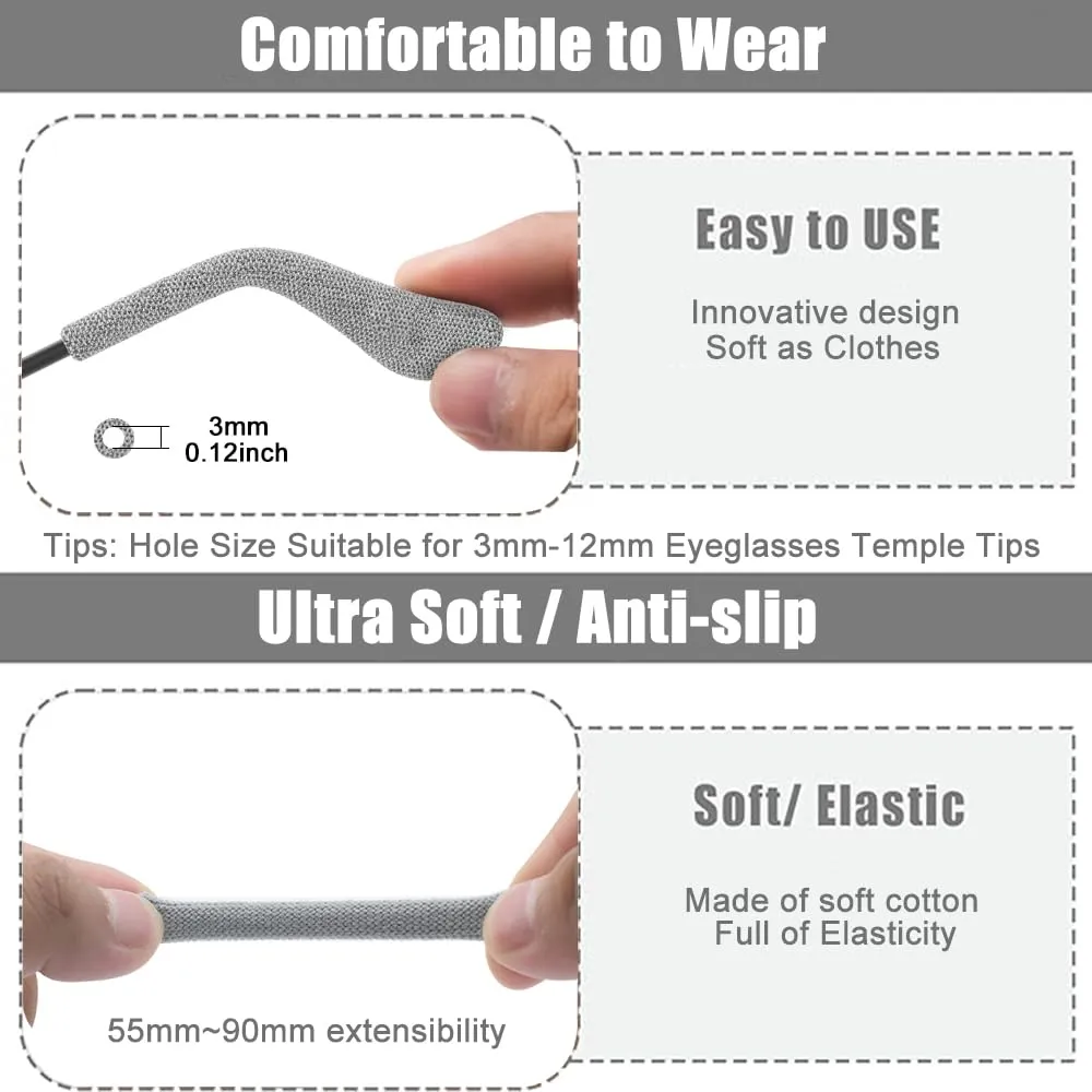 3 Pairs Eye Glasses Ear Grippers, Soft Knitting Cotton Arm Cushion for Glasses Behind Ear, Anti Slip Eye Glass Ear Grips, Non Slip Ear Pads for Glasses, Eyeglasses Temple Tips for Pain (Black) 3 Pairs Black