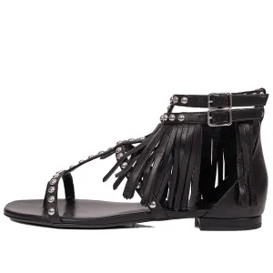 36.5 NEW $995 SAINT LAURENT Black FRINGE LEATHER Studded GLADIATOR Boho SANDALS