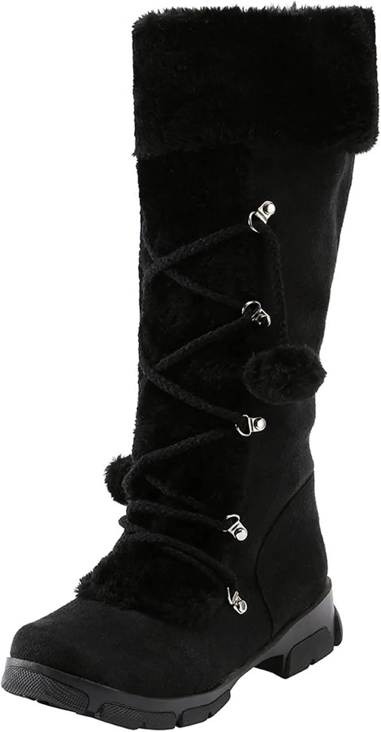 AMDBEL Boots for Women Fashion Dressy, Knee High Boots Women Warm Snow Boots Round Toe Zipper Shoes Heels Hairball Boots