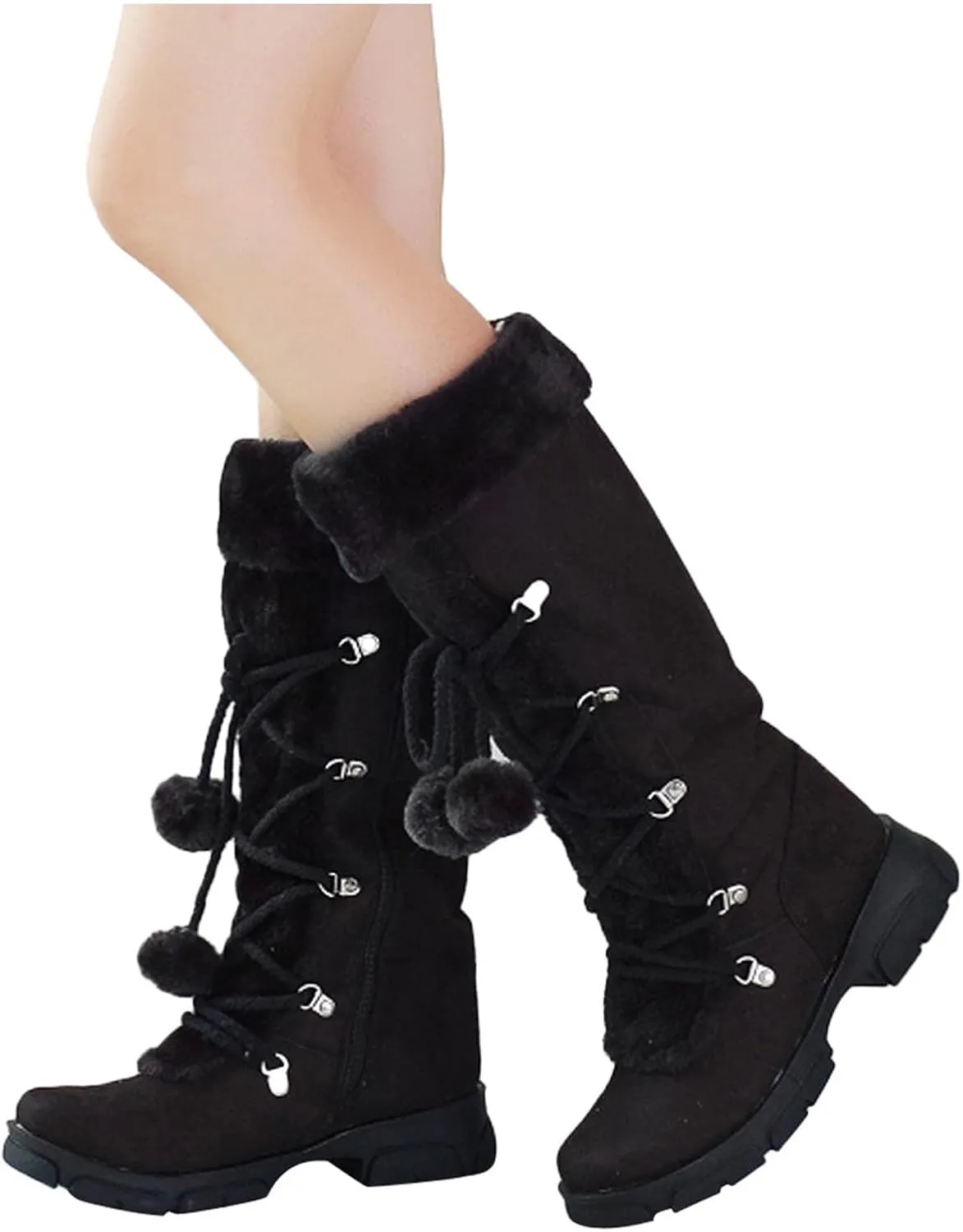 AMDBEL Boots for Women Fashion Dressy, Knee High Boots Women Warm Snow Boots Round Toe Zipper Shoes Heels Hairball Boots