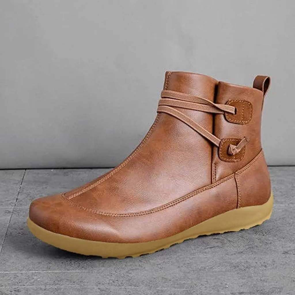 AMDBEL Fashion Winter Boots for Women 2023 Zipper Lace Up Flat Ankle Boots Arch Support Orthopedic Booties Round Toe Boots
