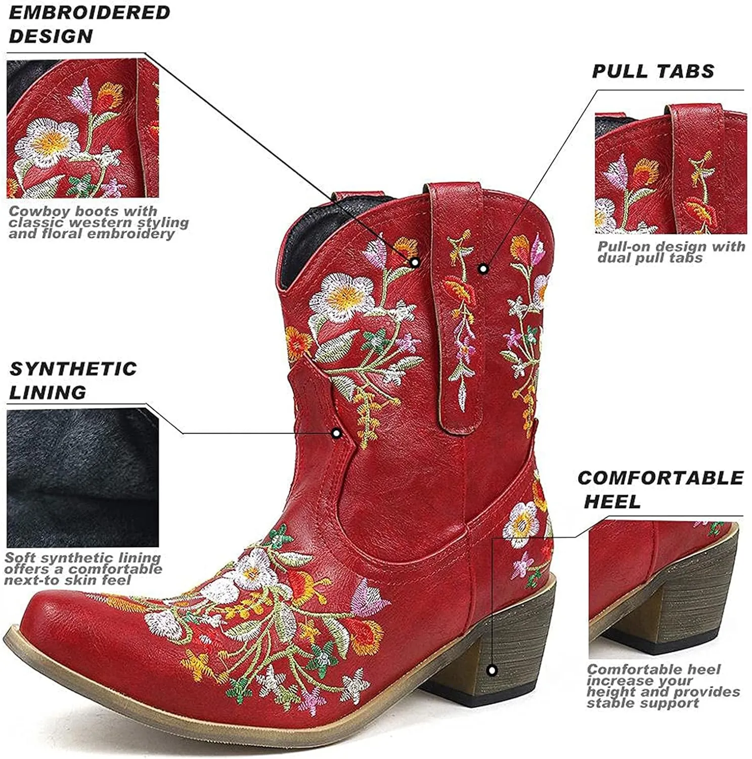 Ankle Boots for Women Cowgirl Booties for Women Western Pointed Toe Flower Embroidery Chunky Heel Slip on Women Boots