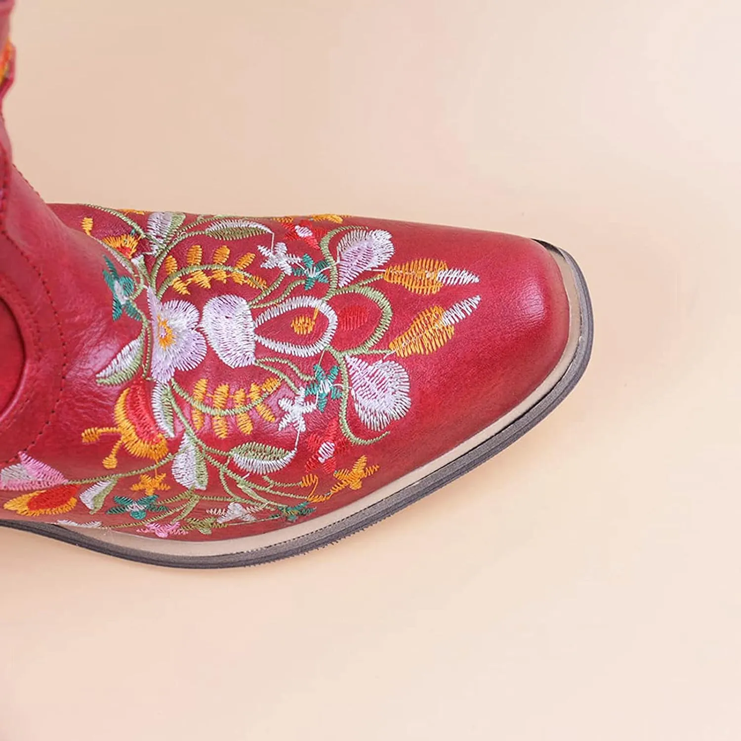 Ankle Boots for Women Cowgirl Booties for Women Western Pointed Toe Flower Embroidery Chunky Heel Slip on Women Boots