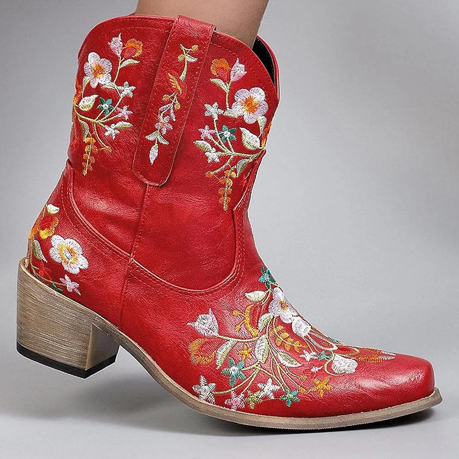 Ankle Boots for Women Cowgirl Booties for Women Western Pointed Toe Flower Embroidery Chunky Heel Slip on Women Boots