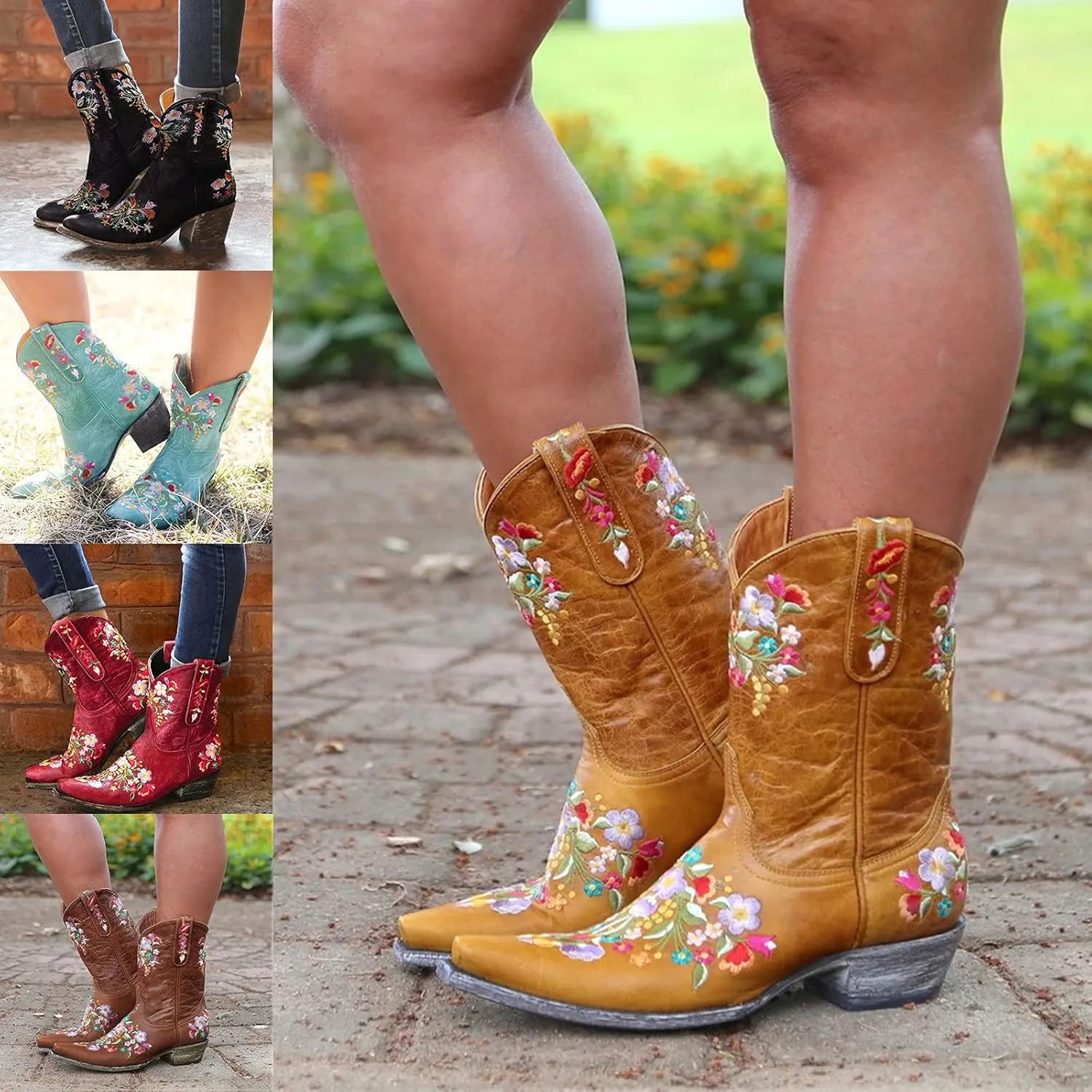 Ankle Boots for Women Cowgirl Booties for Women Western Pointed Toe Flower Embroidery Chunky Heel Slip on Women Boots
