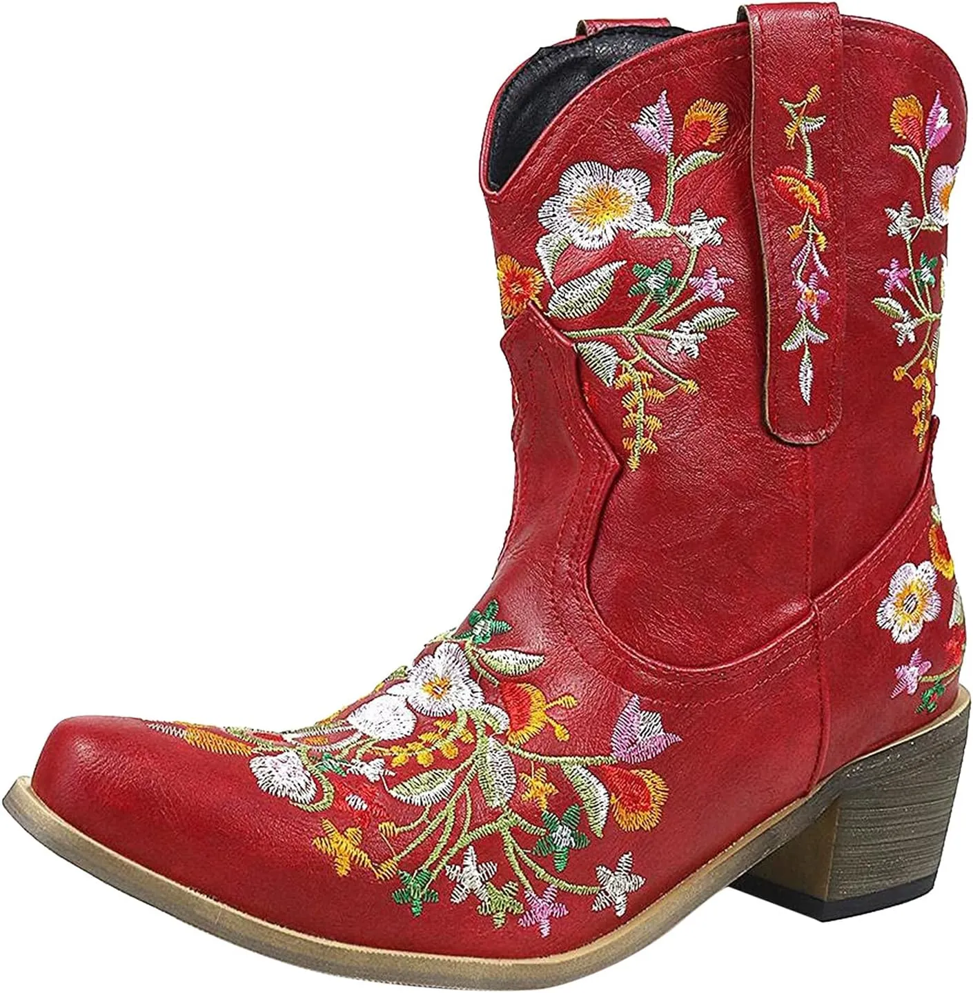 Ankle Boots for Women Cowgirl Booties for Women Western Pointed Toe Flower Embroidery Chunky Heel Slip on Women Boots