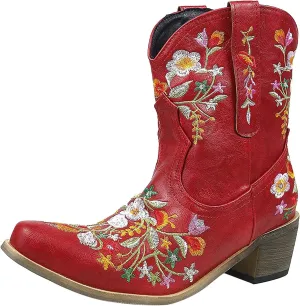Ankle Boots for Women Cowgirl Booties for Women Western Pointed Toe Flower Embroidery Chunky Heel Slip on Women Boots