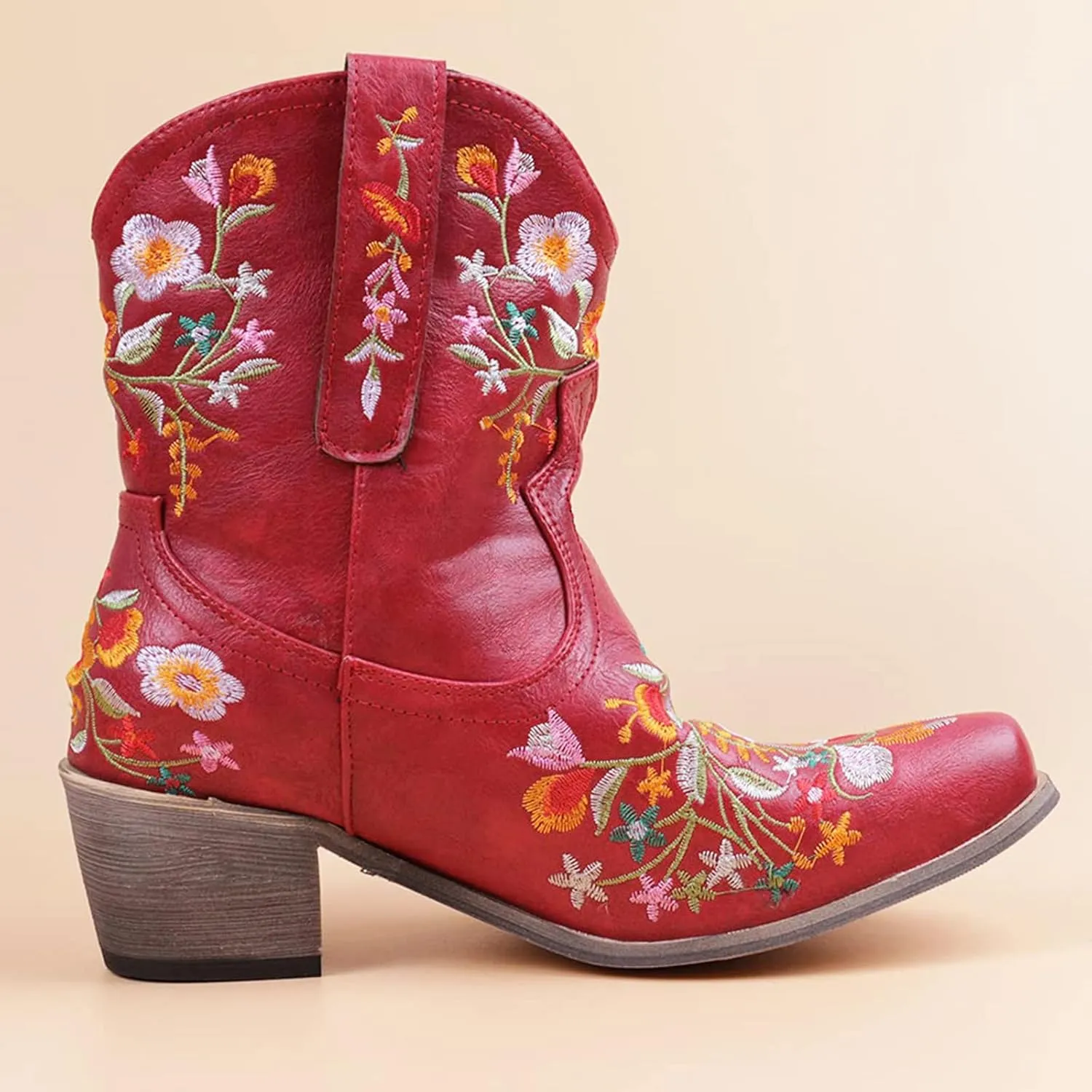 Ankle Boots for Women Cowgirl Booties for Women Western Pointed Toe Flower Embroidery Chunky Heel Slip on Women Boots