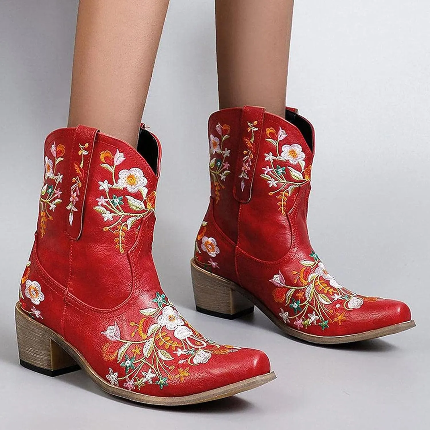 Ankle Boots for Women Cowgirl Booties for Women Western Pointed Toe Flower Embroidery Chunky Heel Slip on Women Boots