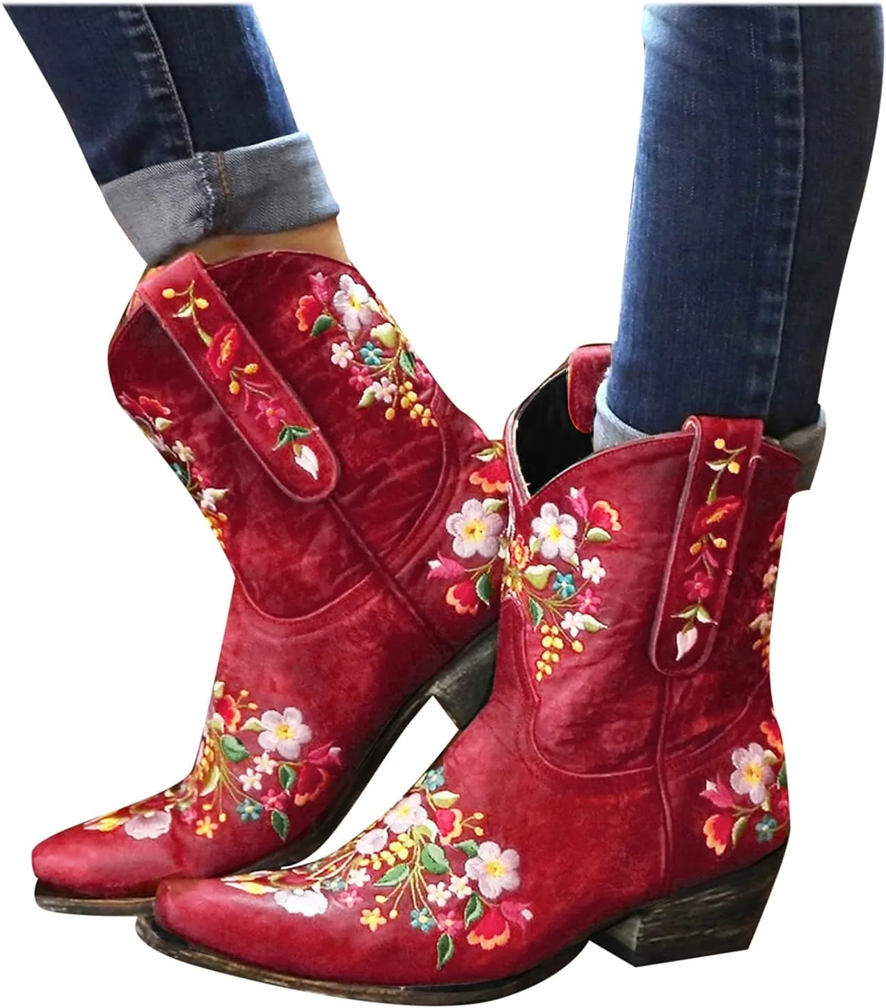 Ankle Boots for Women Cowgirl Booties for Women Western Pointed Toe Flower Embroidery Chunky Heel Slip on Women Boots