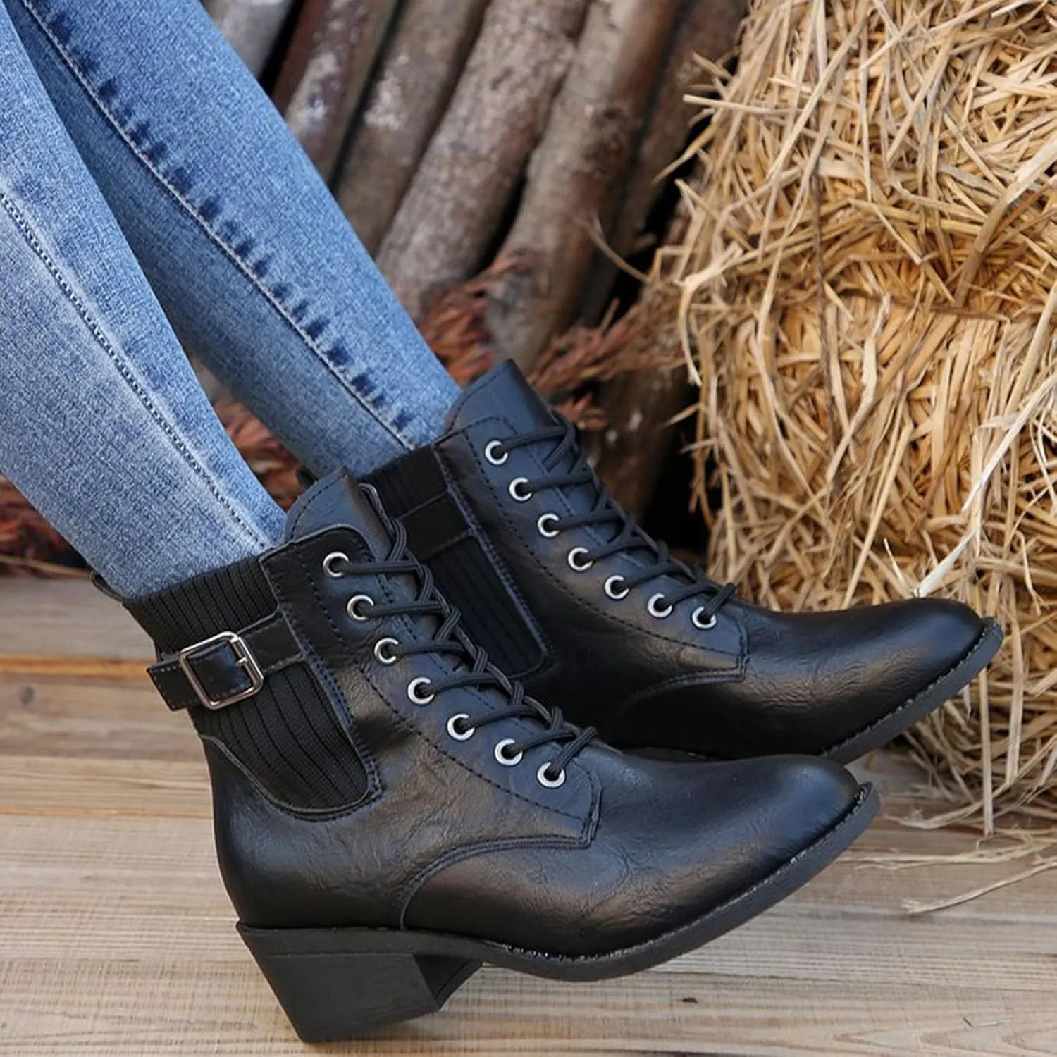 Ankle Boots for Women Low Heel,Women's Combat Boots Lace up Ankle Booties Elastic Chunky Heel Lug Sole Booties Short Chelsea Booties for Women Pointed Toe Leather Buckle Ankle Booties Shoes
