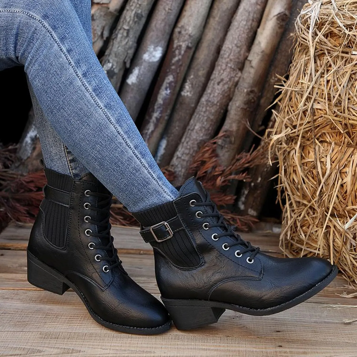 Ankle Boots for Women Low Heel,Women's Combat Boots Lace up Ankle Booties Elastic Chunky Heel Lug Sole Booties Short Chelsea Booties for Women Pointed Toe Leather Buckle Ankle Booties Shoes
