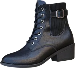 Ankle Boots for Women Low Heel,Women's Combat Boots Lace up Ankle Booties Elastic Chunky Heel Lug Sole Booties Short Chelsea Booties for Women Pointed Toe Leather Buckle Ankle Booties Shoes