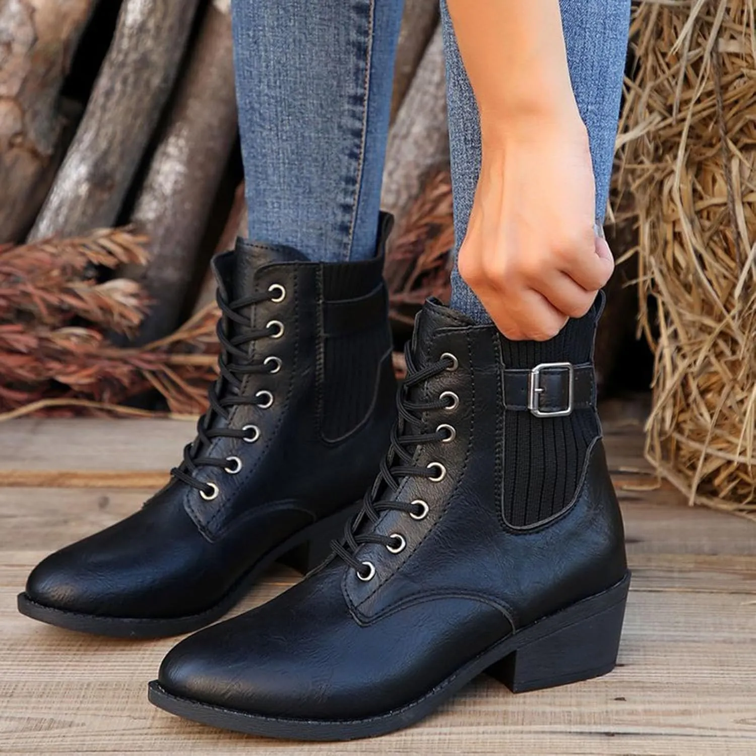 Ankle Boots for Women Low Heel,Women's Combat Boots Lace up Ankle Booties Elastic Chunky Heel Lug Sole Booties Short Chelsea Booties for Women Pointed Toe Leather Buckle Ankle Booties Shoes