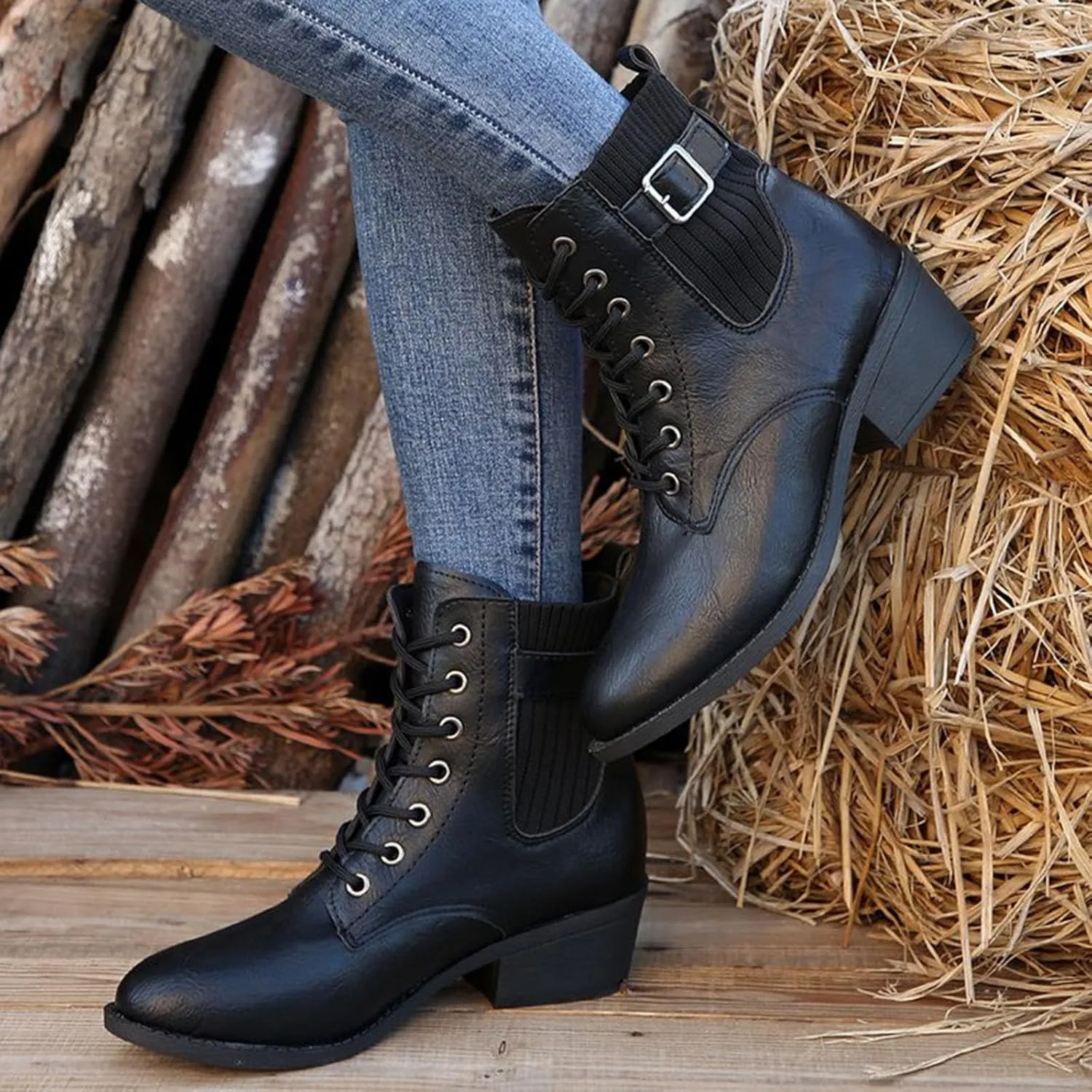 Ankle Boots for Women Low Heel,Women's Combat Boots Lace up Ankle Booties Elastic Chunky Heel Lug Sole Booties Short Chelsea Booties for Women Pointed Toe Leather Buckle Ankle Booties Shoes