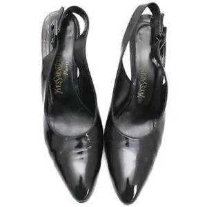 Authentic YSL Slingback Black Patent Leather High Heels Shoes 9.5 N Original Box