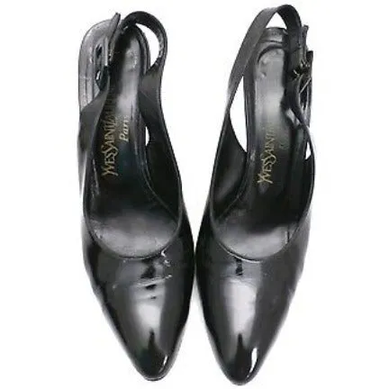 Authentic YSL Slingback Black Patent Leather High Heels Shoes 9.5 N Original Box