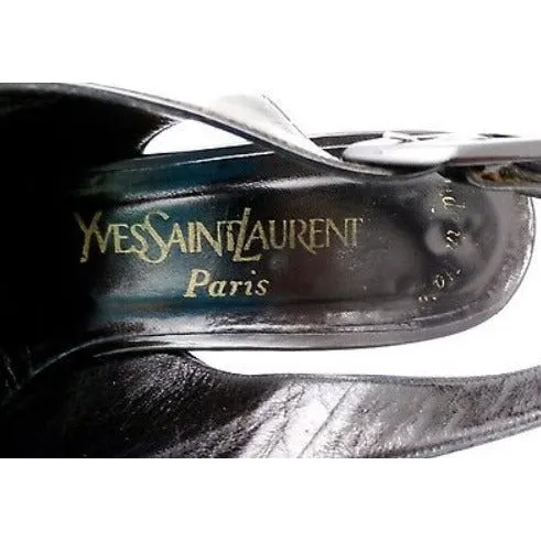 Authentic YSL Slingback Black Patent Leather High Heels Shoes 9.5 N Original Box