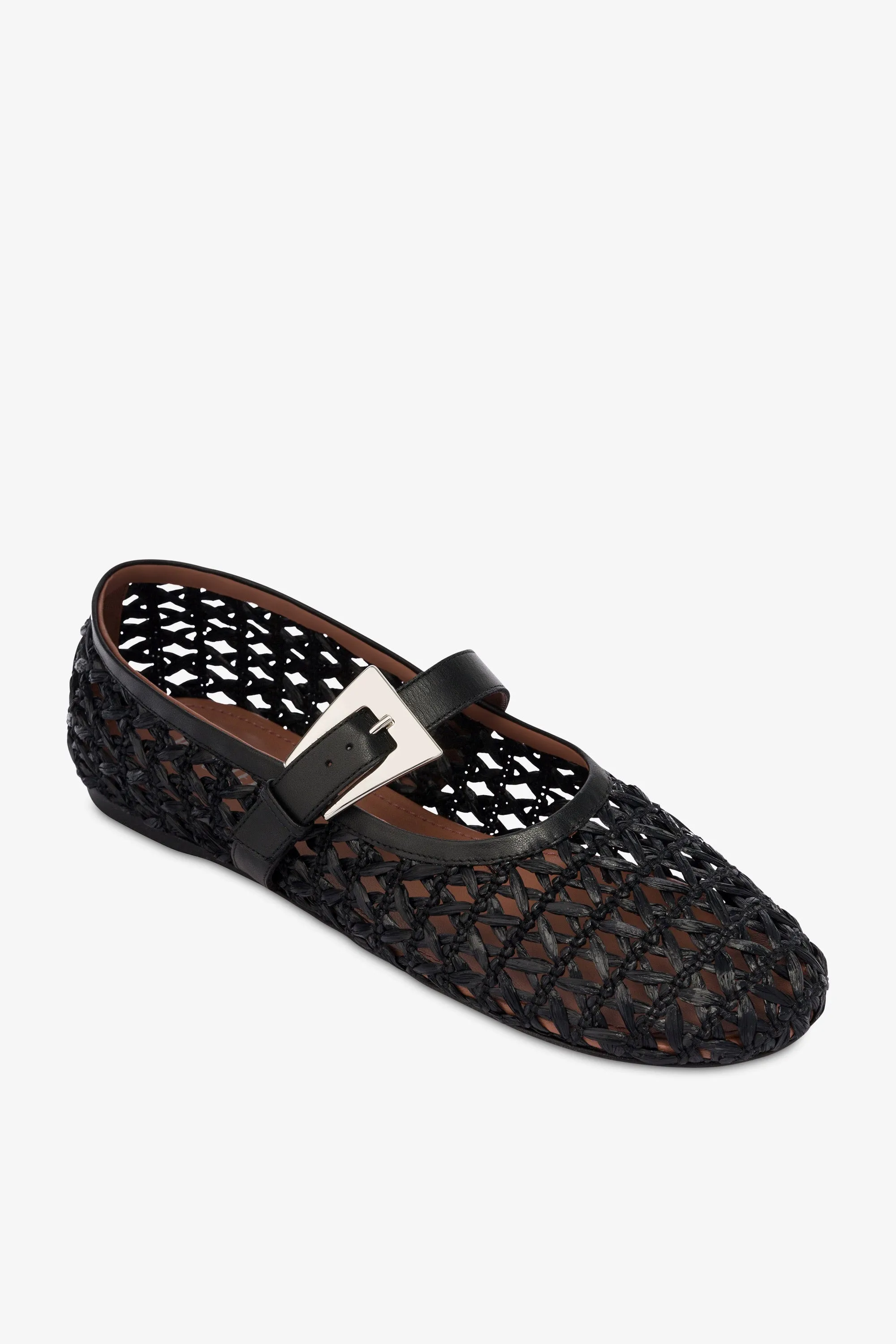 Ballet flats in black raffia and leather