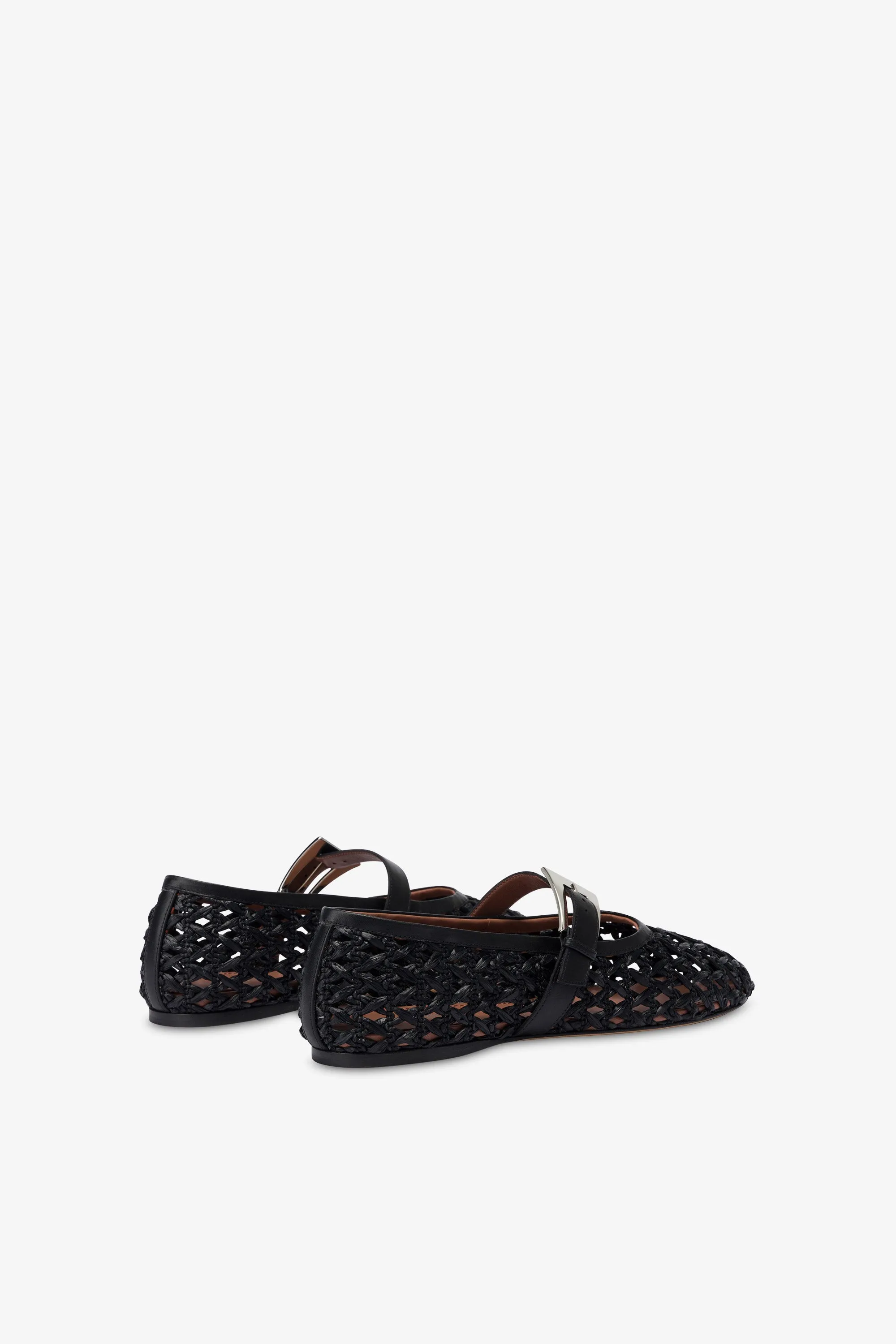 Ballet flats in black raffia and leather