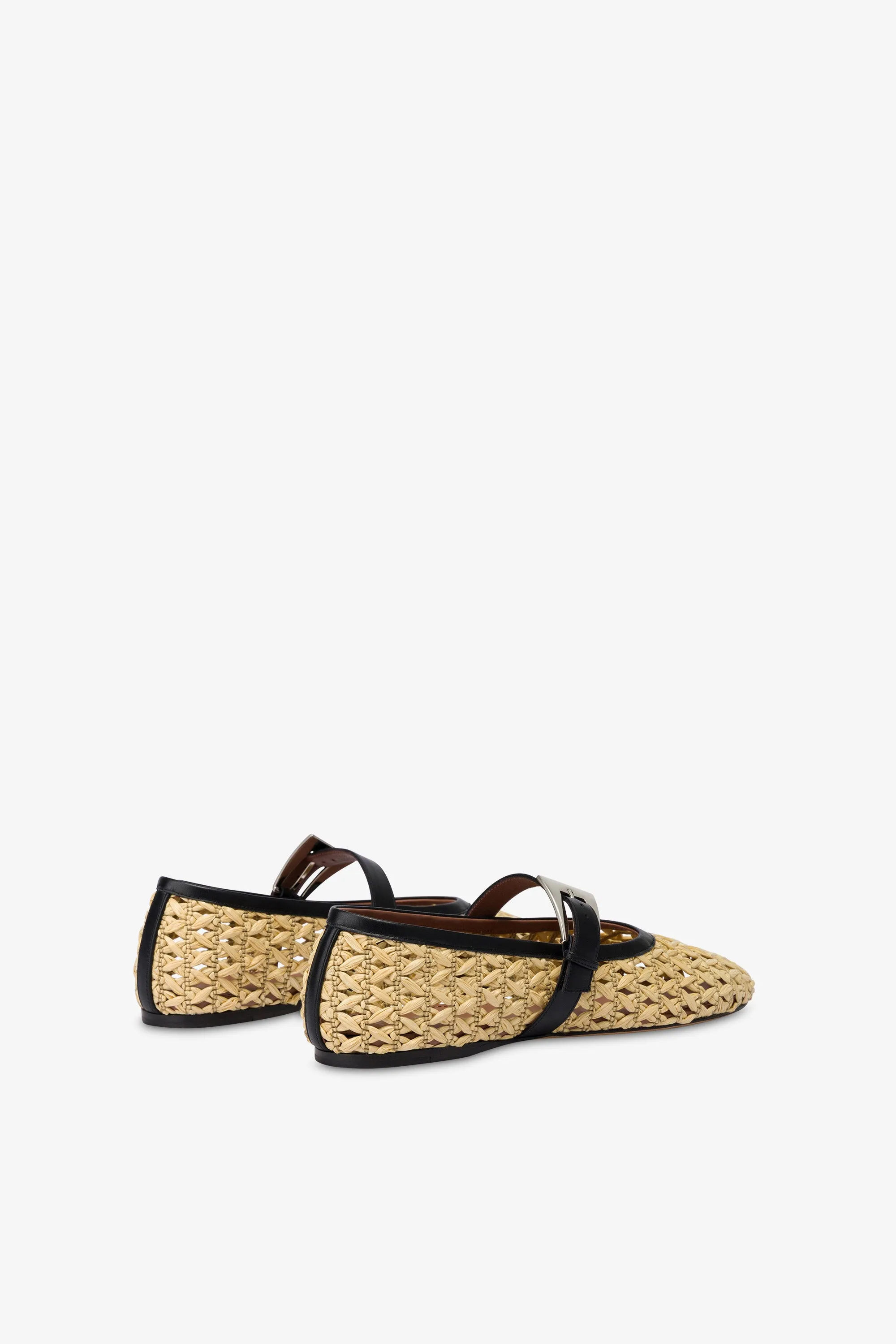 Ballet flats in natural raffia and black leather