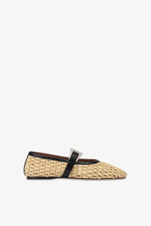 Ballet flats in natural raffia and black leather