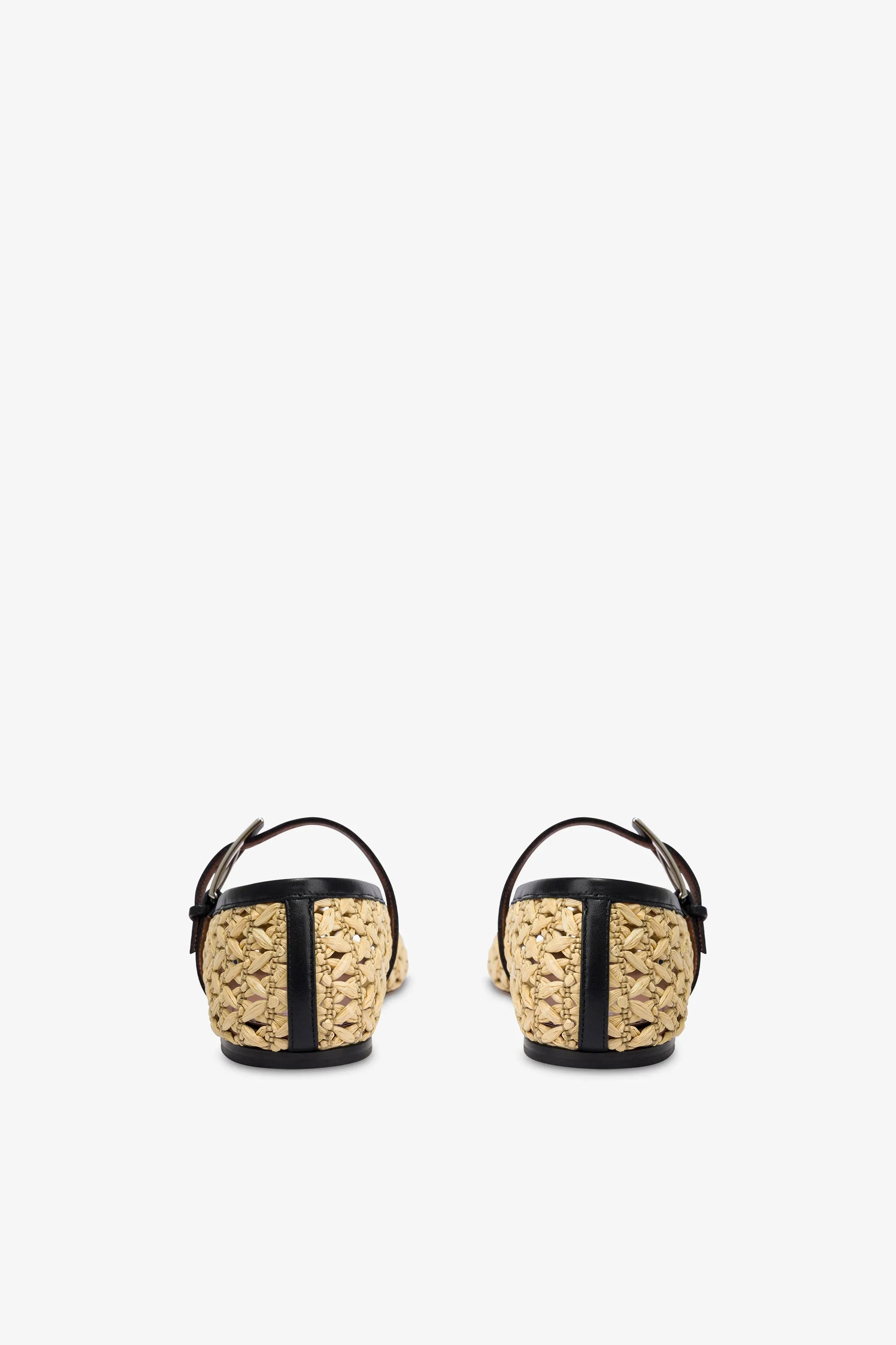 Ballet flats in natural raffia and black leather