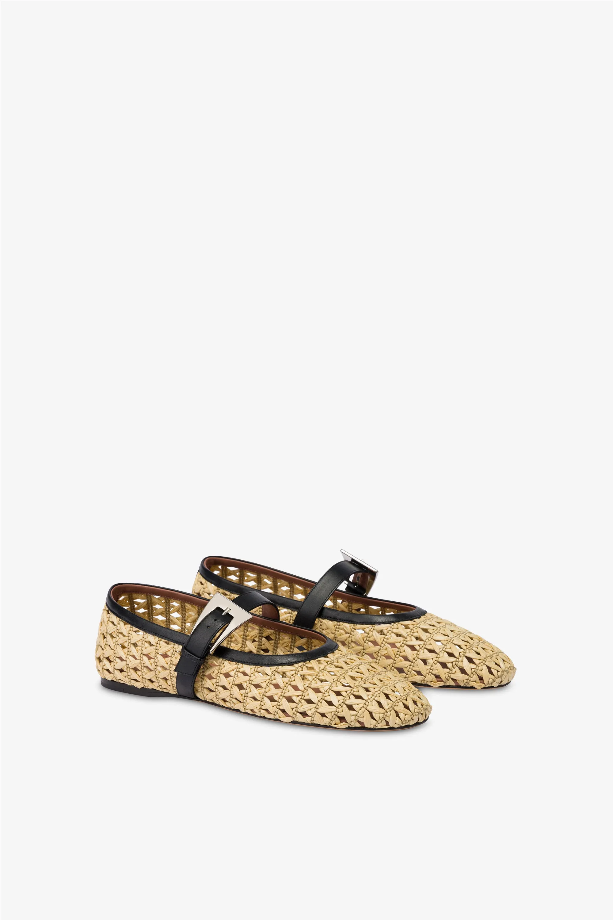 Ballet flats in natural raffia and black leather