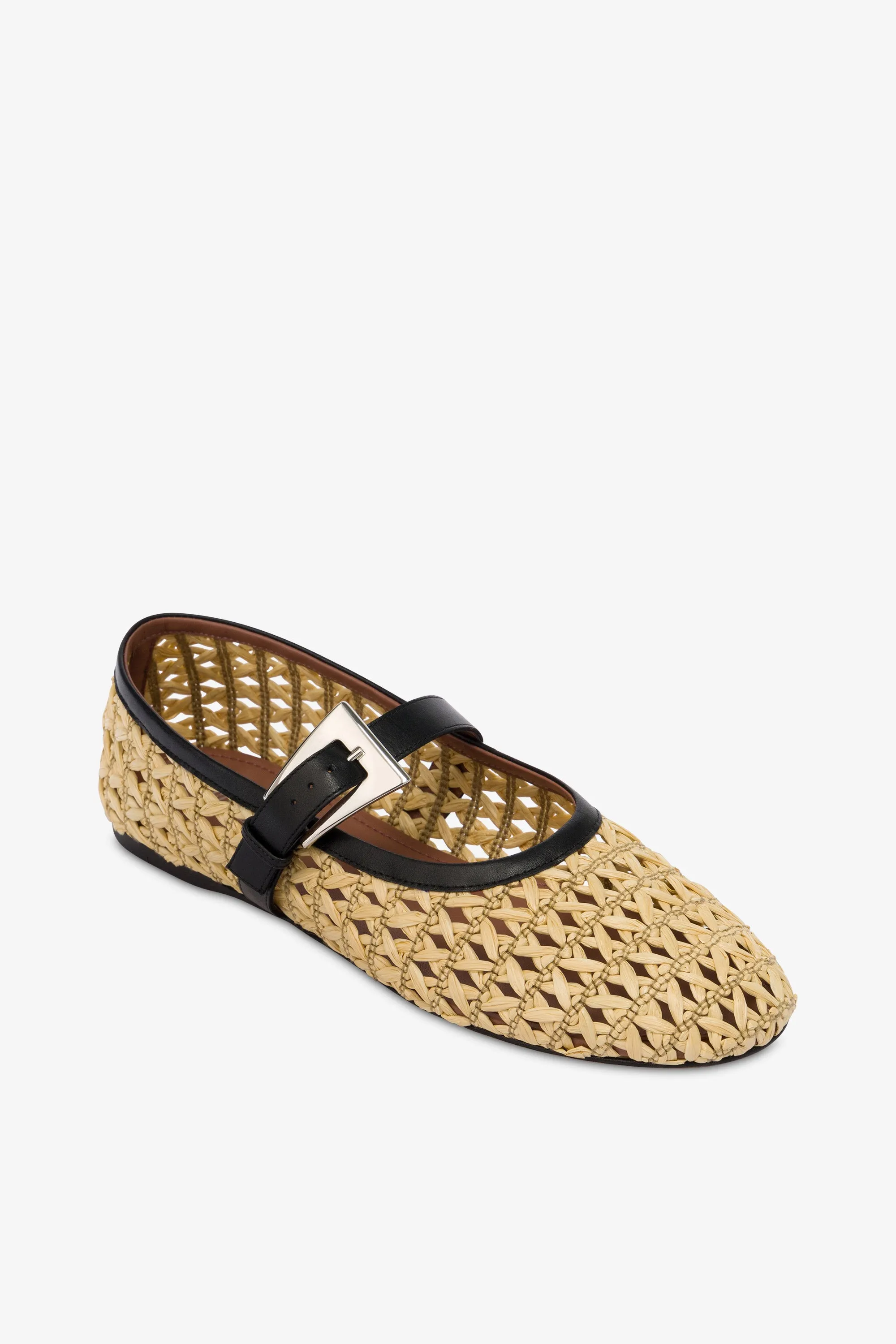 Ballet flats in natural raffia and black leather