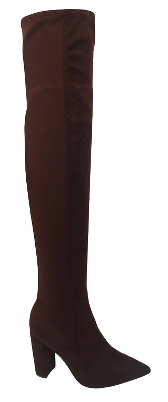Bamboo Bellflower-11 Pointy Toe Over The Knee High Chunky Heel Boots