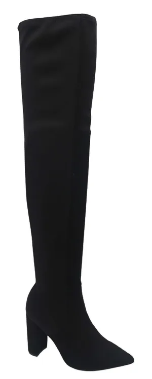 Bamboo Bellflower-11 Pointy Toe Over The Knee High Chunky Heel Boots