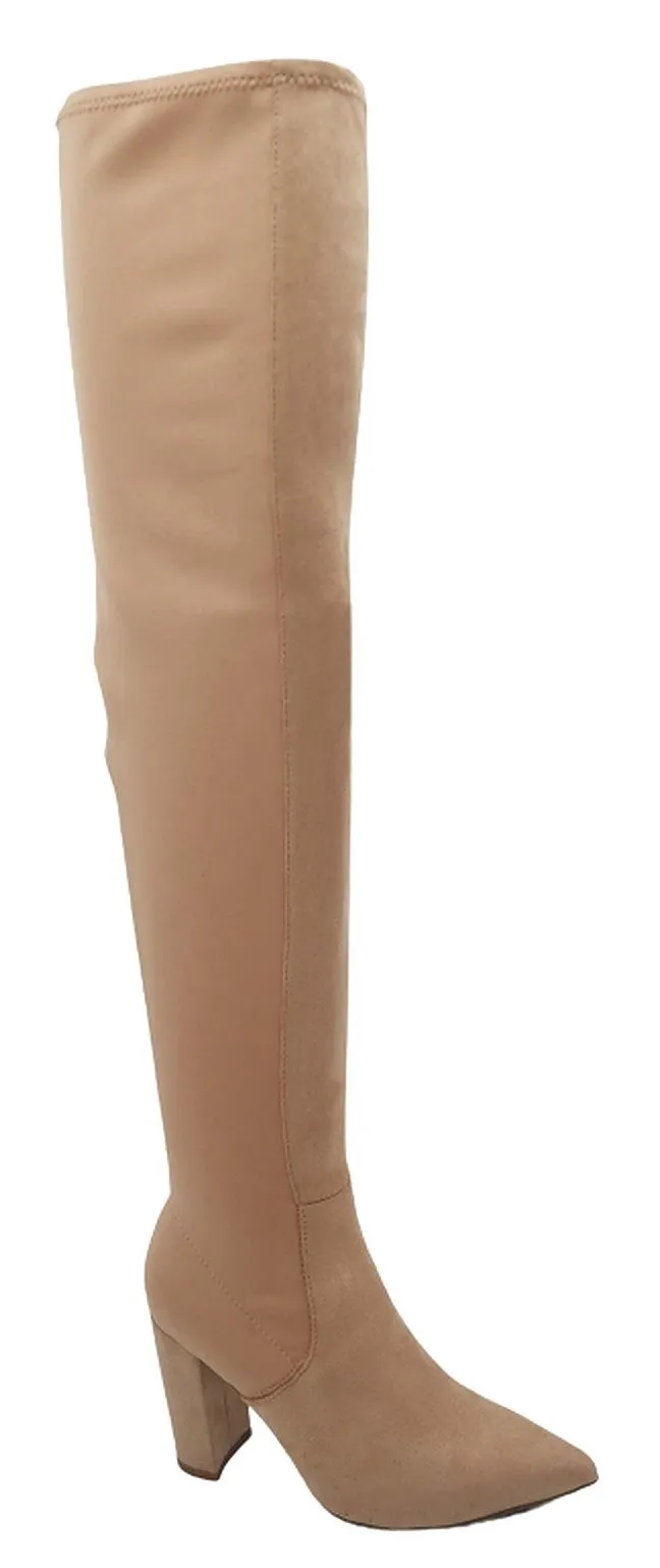 Bamboo Bellflower-11 Pointy Toe Over The Knee High Chunky Heel Boots
