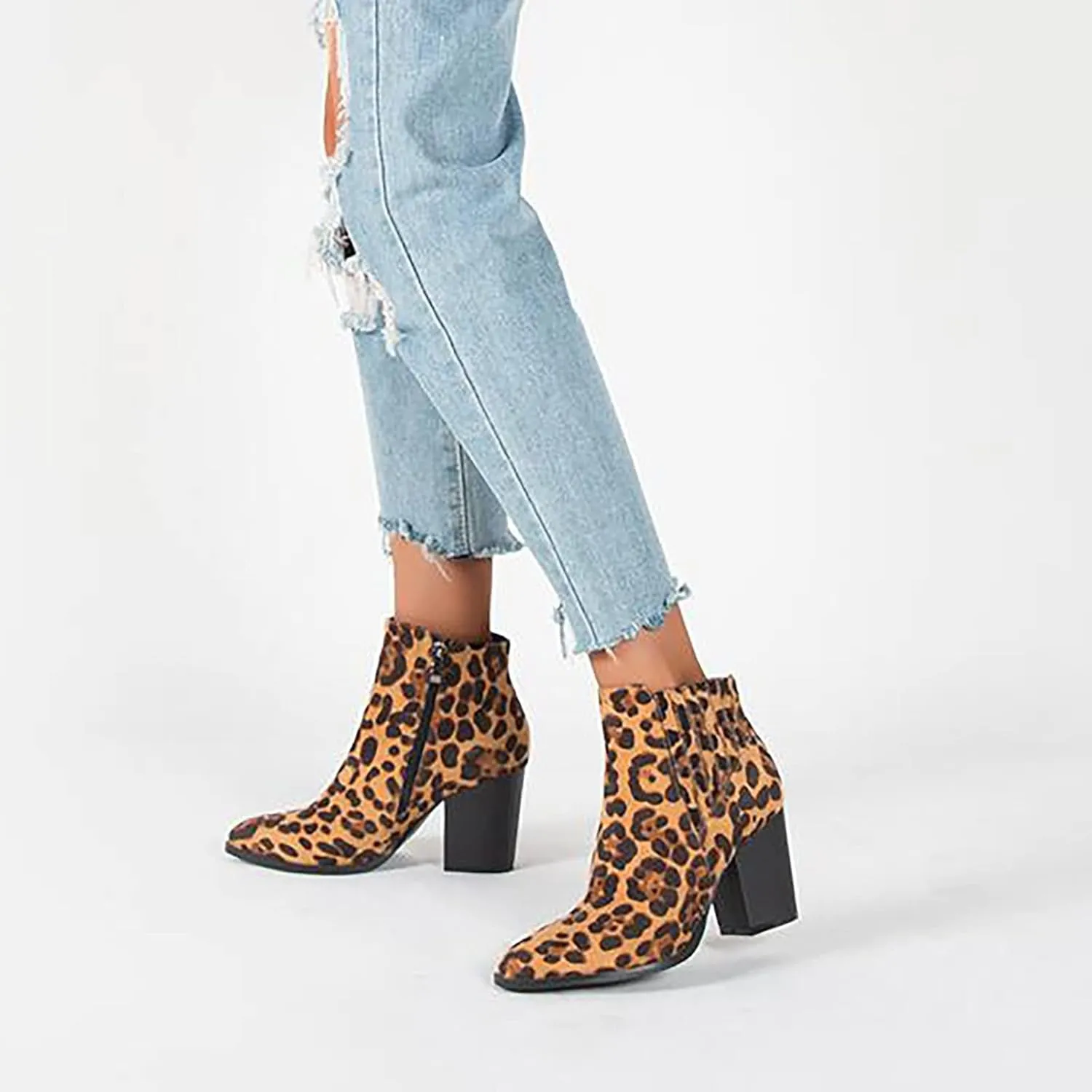 Bcshiye Womens Pointed Toe Stacked Mid Heel Ankle Boots Low Chunky Stacked Heel Side Zipper Faux Chelsea Booties