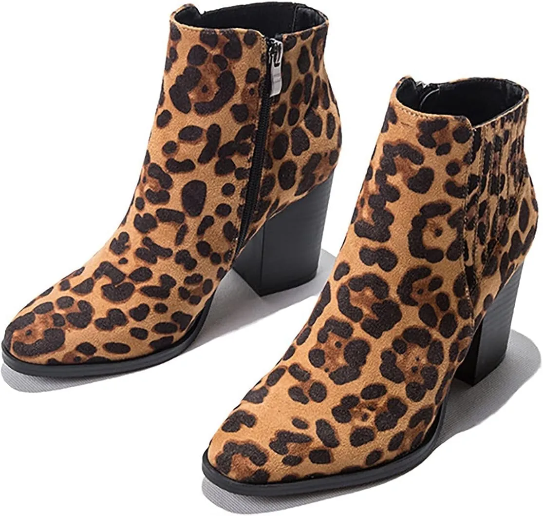Bcshiye Womens Pointed Toe Stacked Mid Heel Ankle Boots Low Chunky Stacked Heel Side Zipper Faux Chelsea Booties