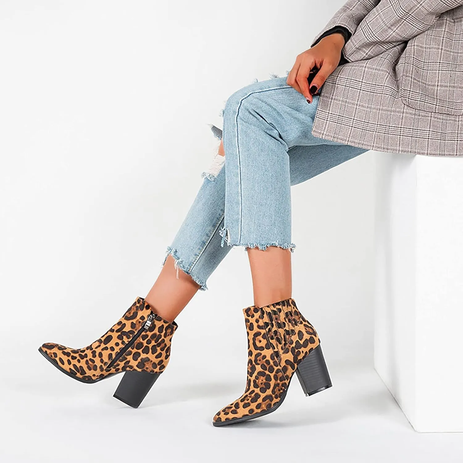 Bcshiye Womens Pointed Toe Stacked Mid Heel Ankle Boots Low Chunky Stacked Heel Side Zipper Faux Chelsea Booties