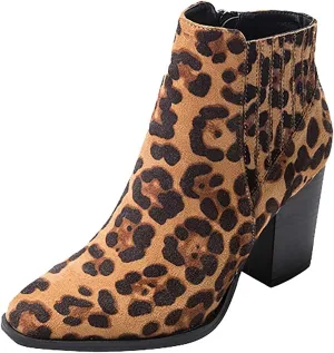 Bcshiye Womens Pointed Toe Stacked Mid Heel Ankle Boots Low Chunky Stacked Heel Side Zipper Faux Chelsea Booties