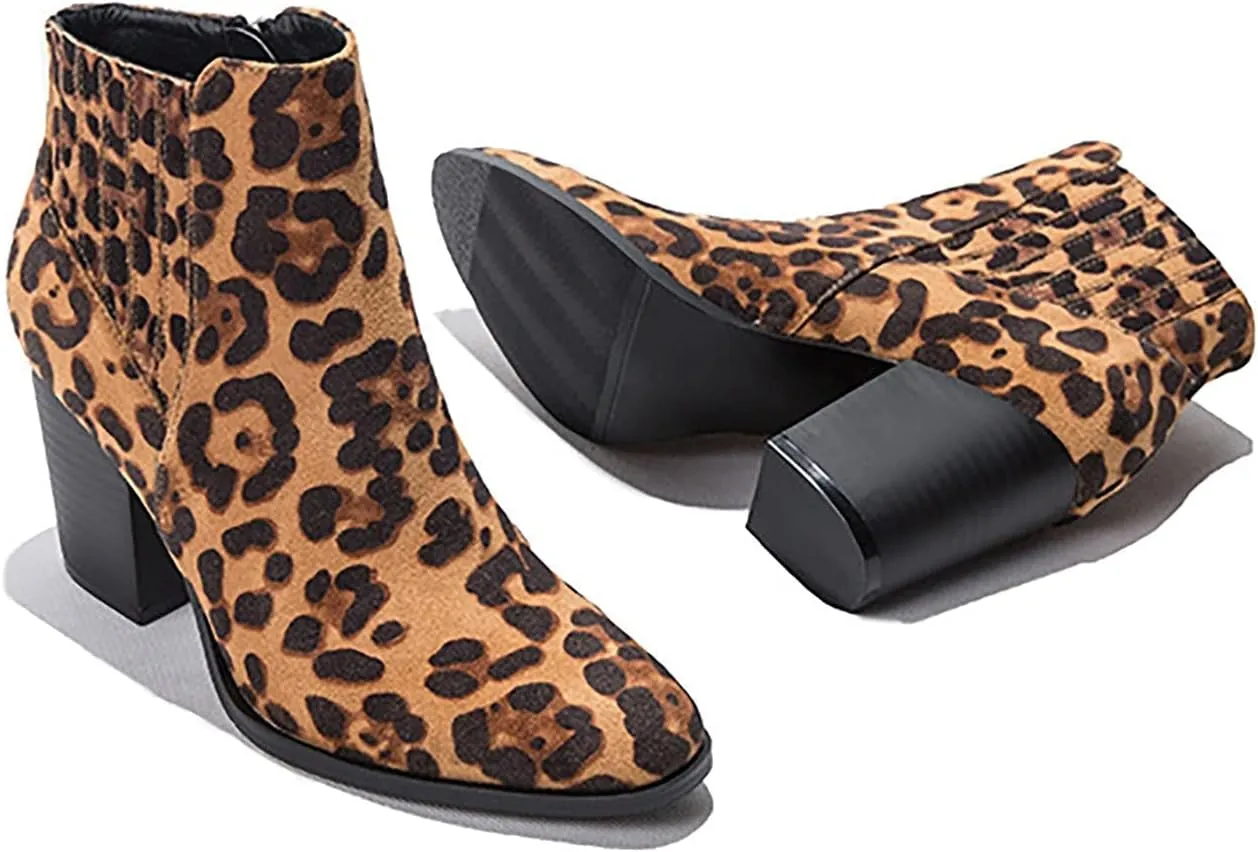 Bcshiye Womens Pointed Toe Stacked Mid Heel Ankle Boots Low Chunky Stacked Heel Side Zipper Faux Chelsea Booties