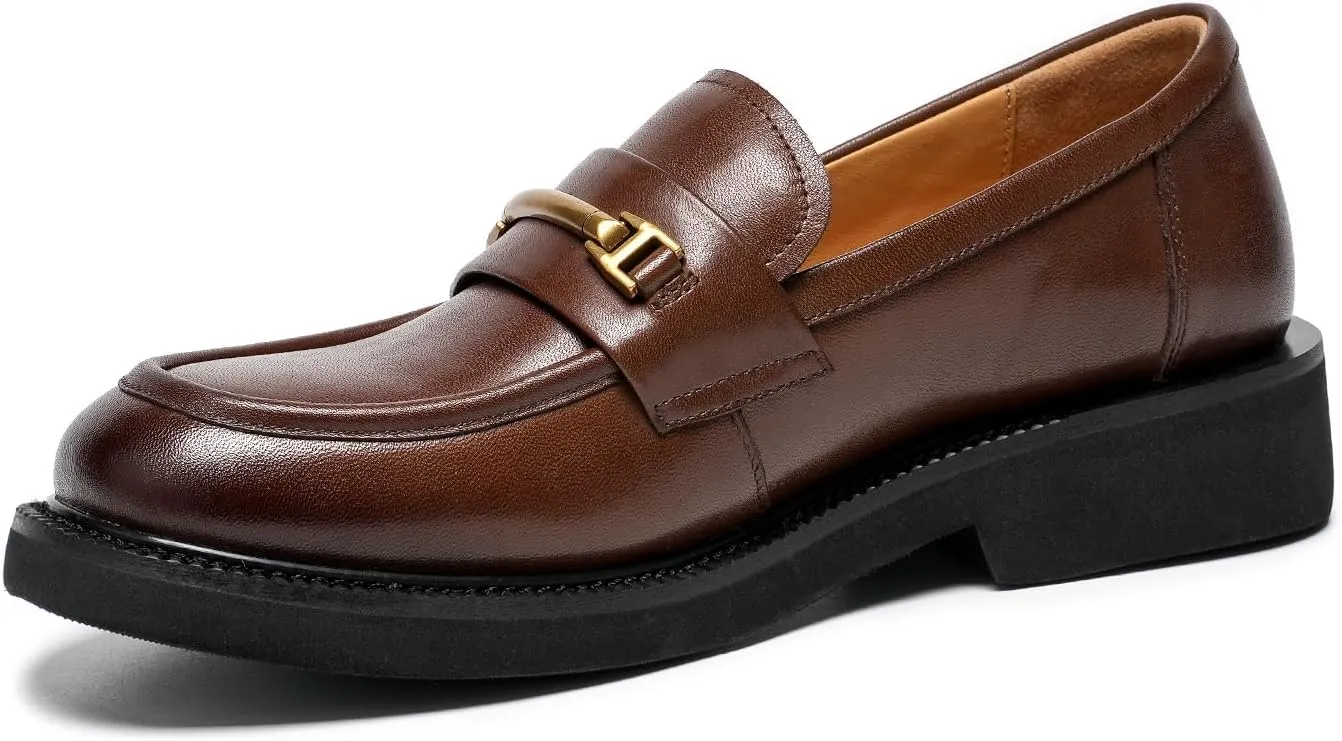 BEAU TODAY Platform Loafers for Women, Chunky Leather Loafers Women, Women’s Slip-on Comfortable Business Casual Round Toe Office Walking Ladies Shoes