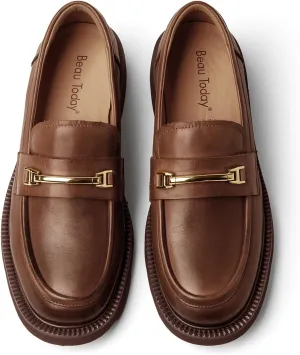 BEAU TODAY Platform Loafers for Women, Chunky Leather Loafers Women, Women’s Slip-on Comfortable Business Casual Round Toe Office Walking Ladies Shoes