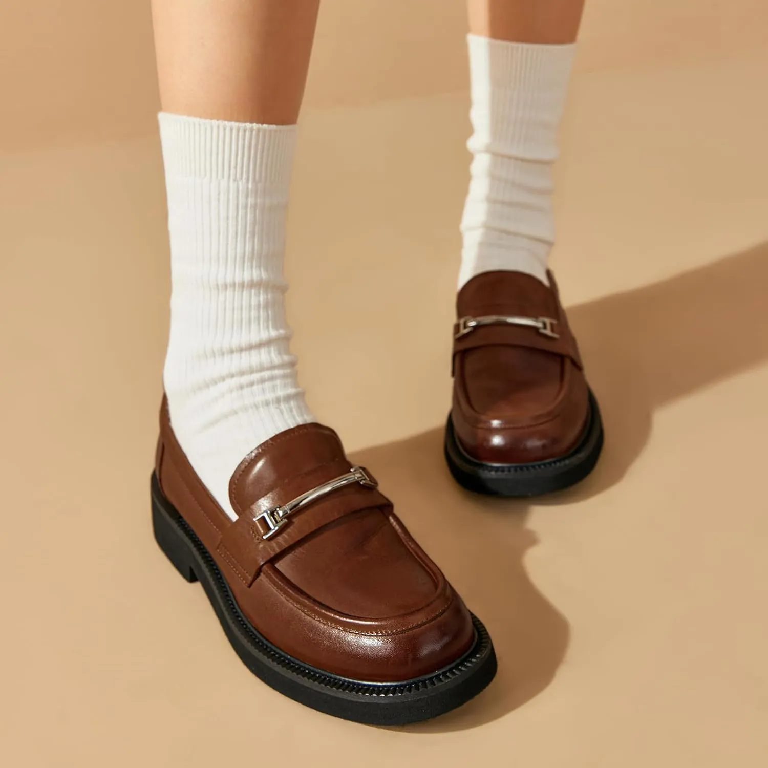 BEAU TODAY Platform Loafers for Women, Chunky Leather Loafers Women, Women’s Slip-on Comfortable Business Casual Round Toe Office Walking Ladies Shoes