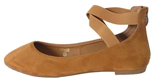 Bella Marie Dana-20 Tan Suede Classic Ballerina Flats w/Elastic Crossing Straps