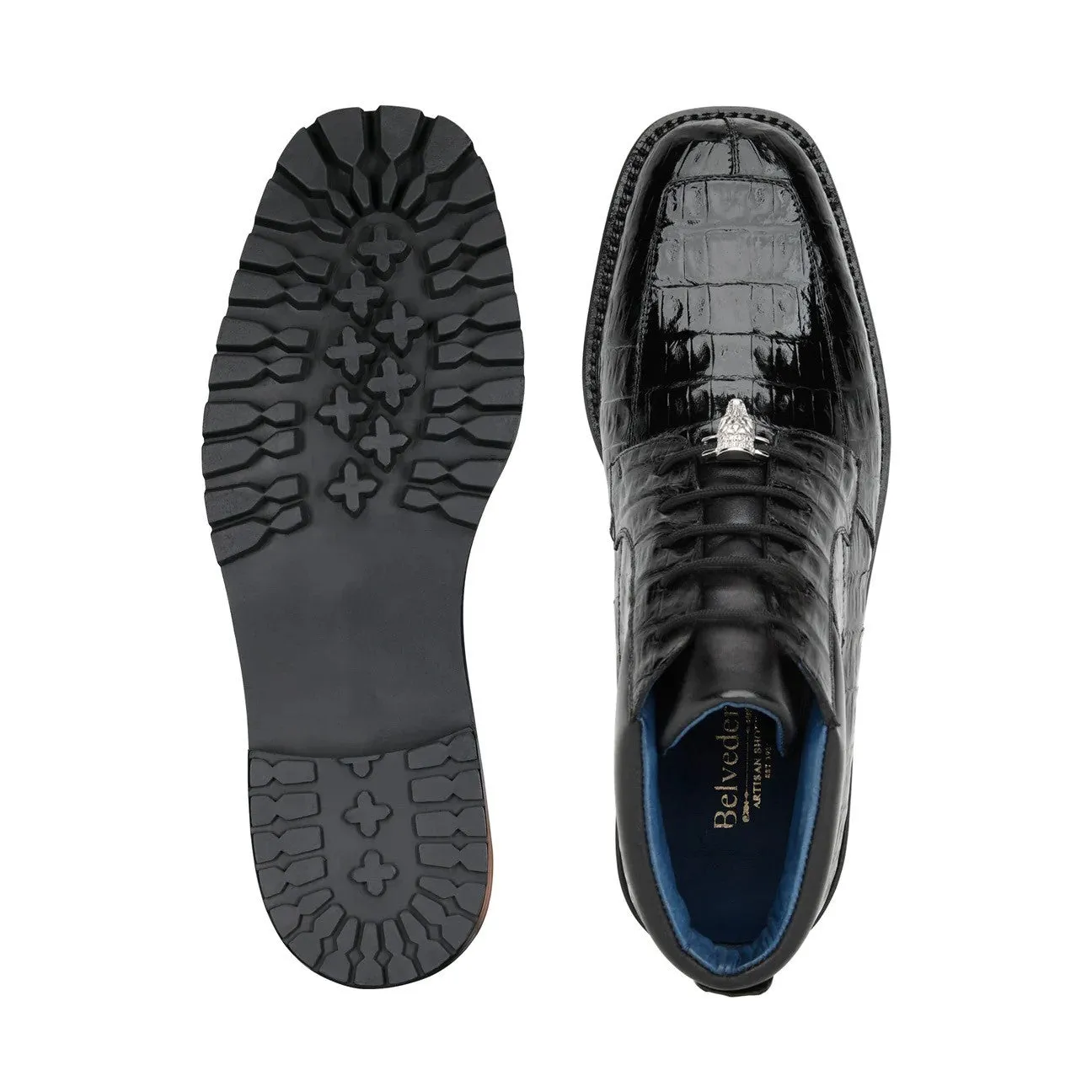 Belvedere Gallardo U02 Men's Shoes Black Exotic Caiman Crocodile Derby Split-Toe Boots (BV3076)