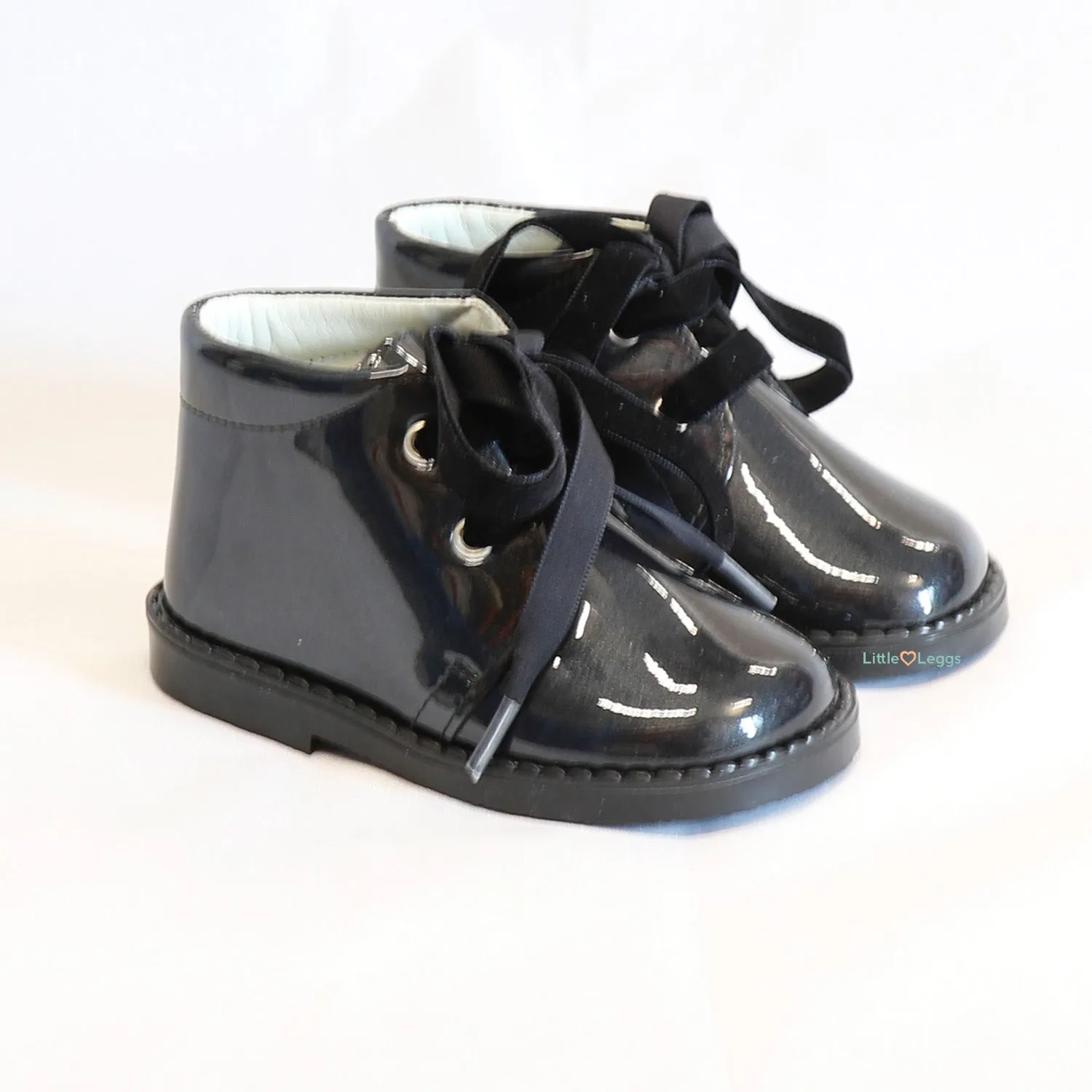 Black Patent  Leather Velvet Lace Ankle Boot