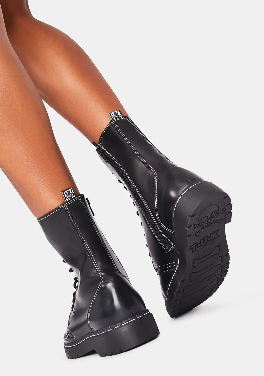 Black Waxy 10-Eye Boot With White Stitch