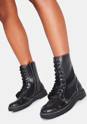 Black Waxy 10-Eye Boot With White Stitch