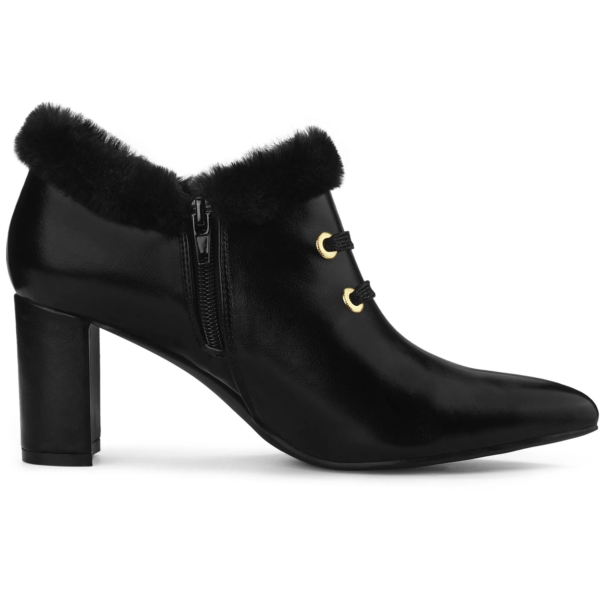 Block Heel Pointed Toe Faux Fur Ankle Booties