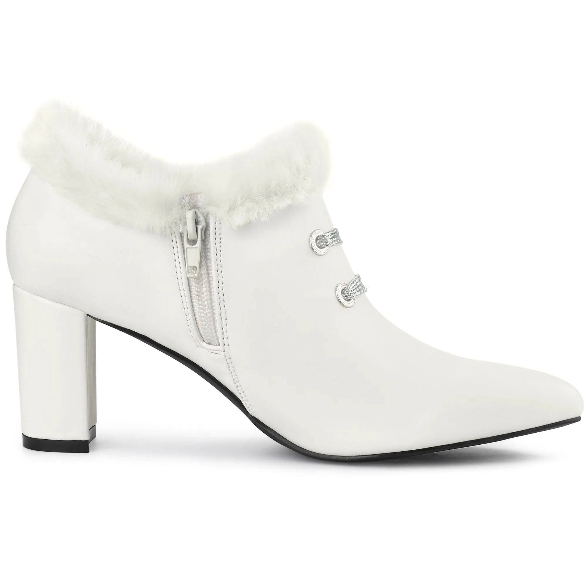 Block Heel Pointed Toe Faux Fur Ankle Booties