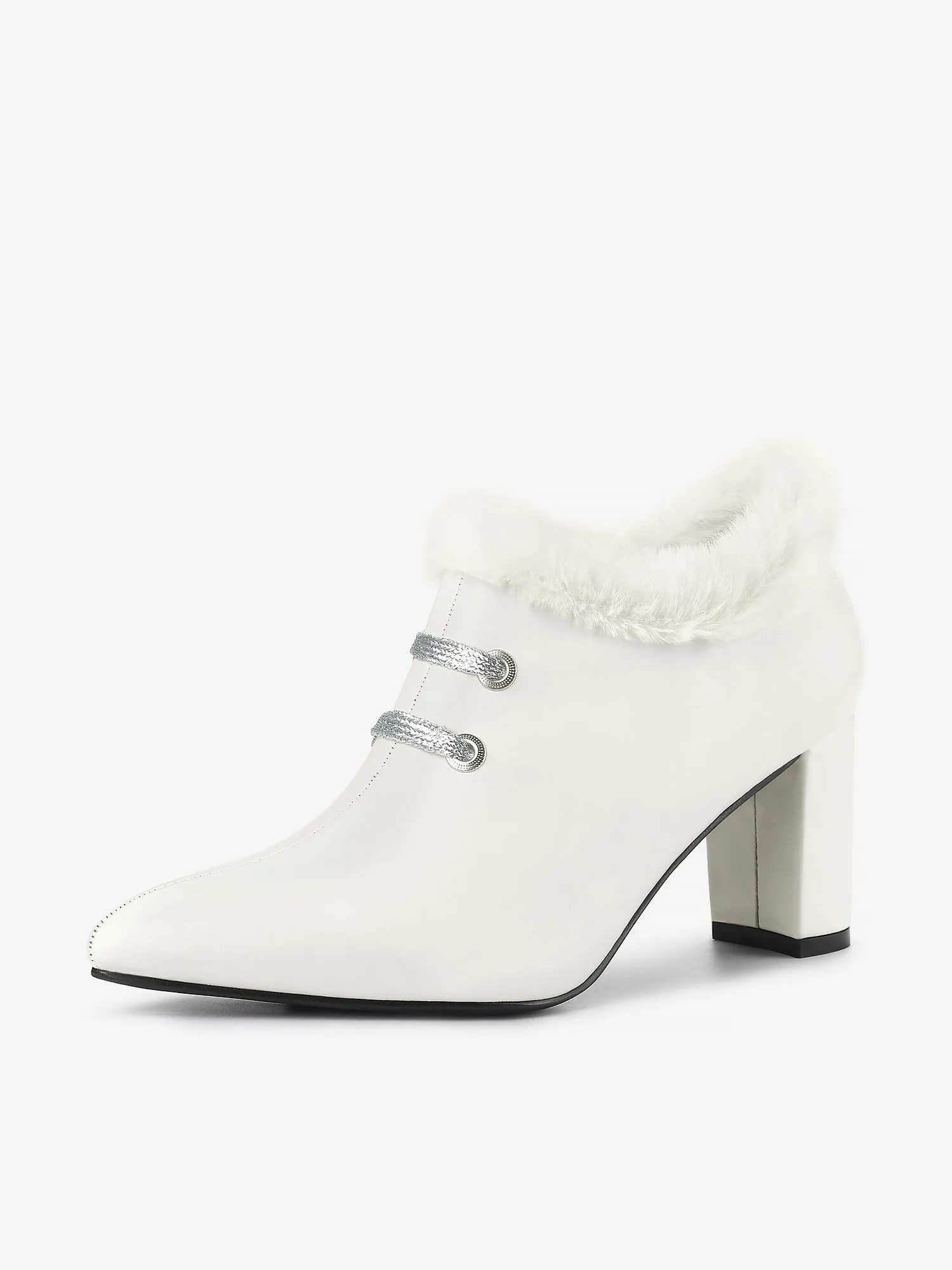 Block Heel Pointed Toe Faux Fur Ankle Booties